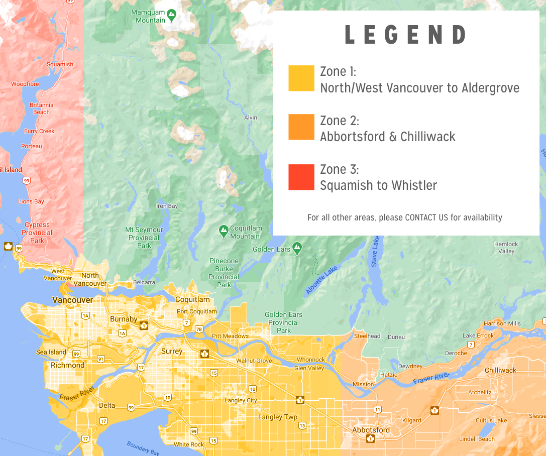 Delivery zones for Triple Five Bulk Bags Metro Vancouver Sea to Sky Fraser Valley